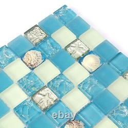 Bathroom Tiles Blue White Shell Mosaic tile Blue White Glass Backsplash (11PCS)