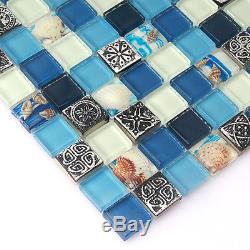 Bathroom Tiles Glass Shell Mosaic Tile Backsplash Blue White Wall Mosaic (11PCS)