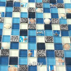 Bathroom Tiles Glass Shell Mosaic Tile Backsplash Blue White Wall Mosaic (11PCS)