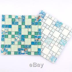 Bathroom Wall Tile Shell Mosaic Tile Blue White Mosaic Kitchen Backsplash 11PCS