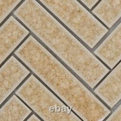 Beige Cream Crackled Glass Mosaic Tile Herringbone Pattern Kitchen Backsplash