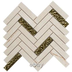 Beige Cream Crema Marfil Marble Glass Mosaic Tile Herringbone Wall Backsplash