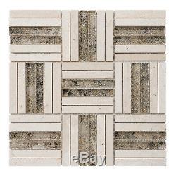 Beige Cream Marble Stone Gold Sand Glass Parquet Mosaic Tile Wall Backsplash