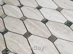 Beige Elongated Octagon Glass Stone Metal Mosaic Tile Kitchen Wall Backsplash