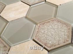 Beige Green Hexagon Glass Stone Mosaic Tile Kitchen Shower Wall Backsplash