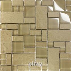 Beige Stone Glass Blend Pattern Mosaic Tile Kitchen Backsplash Wall Sink Spa