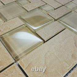 Beige Stone Glass Blend Pattern Mosaic Tile Kitchen Backsplash Wall Sink Spa