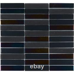 Black Crystal Glass Mosaic Tile Iridescent Matte Stacked Pattern Backsplash