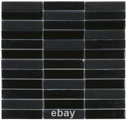 Black Crystal Glass Mosaic Tile Textured Matte Blend Stacked Pattern Backsplash