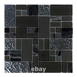 Black Glass and Marble Stone Mosaic Tile Backsplash Kitchen Bath Shower TDH91MDR
