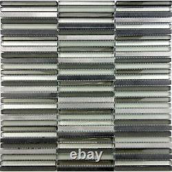 Black Gray Glass Aluminum Mix Slim Linear Stacked Kitchen Mosaic Tile Backsplash