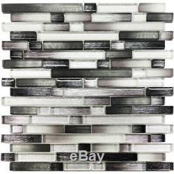 Black Gray White Silver Brushed Metallic Glass Mosaic Tile Wall Backsplash