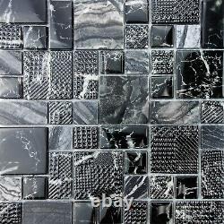Black Marble Pattern Crystal Glass Kitchen Bathroom Wall Mosaic Tile Backsplash