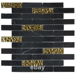 Black Marquina Marble Stone Gold Glass Mosaic Tile Brick Join Kitchen Backsplash