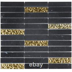 Black Marquina Marble Stone Gold Glass Mosaic Tile Stacked Kitchen Backsplash