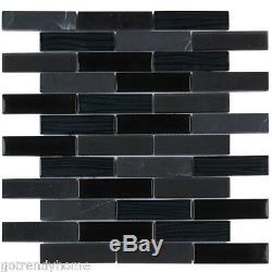 Black Marquina Marble Stone Mosaic Tile Cold Spray Glass Blended Wall Backsplash