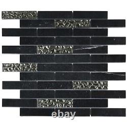 Black Marquina Marble Stone Silver Glass Mosaic Tile Brick Joint Backsplash