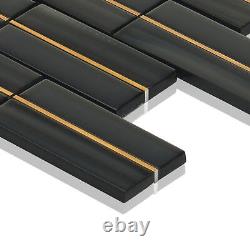Black Wavy Metallic Glass Gold Metal Inlay Brick Joint Kitchen Tiles Backsplash