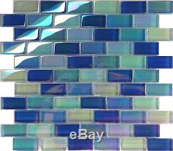 Blue Iridescent Brick Pattern Glass Mosaic Tile Kitchen Backsplash Spa Wall