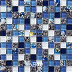 Blue glass mixed emboss sea shell kitchen backsplash wall floor mosaic tiles