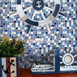 Blue glass mixed emboss sea shell kitchen backsplash wall floor mosaic tiles