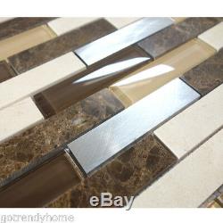 Brown Beige Emperador Marble Blended Aluminum Glass Mosaic Tile Wall Backsplash
