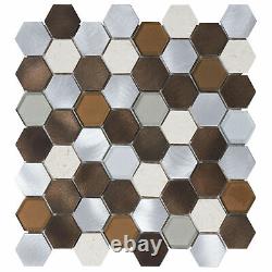 Brown Beige Marble Metallic Aluminum Hexagon Mosaic Tile Kitchen Bath Backsplash