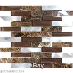 Brown Emperador Dark Marble Blended Aluminum Glass Mosaic Tile Wall Backsplash