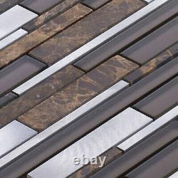 Brown Emperador Marble Aluminum Metallic Metal Glass Mosaic Tile Wall Backsplash