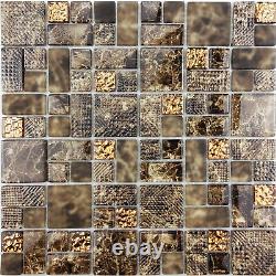 Brown Marble Pattern Crystal Glass Kitchen Bathroom Wall Mosaic Tile Backsplash