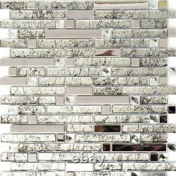 CLEAR/SILVER MIX BRICK Translucent Mosaic tile GLASS/STEEL Bath -86-010610sheet