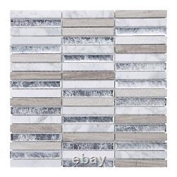 Calacatta White Beige Marble Stone Silver Glass Stacked Mosaic Tile Backsplash