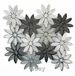 Calacatta White/Gray 12x12 Glass & Marble Stone Flower Mosaic Wall/Floor Tile