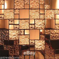 Copper Metal Pattern Textured Glass Mosaic Tile Kitchen Backsplash Wall