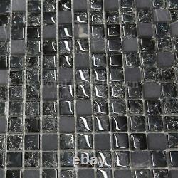 Crackled Glass & Black Marble Squares Mosaic Tiles Sheet For Walls And Floors
