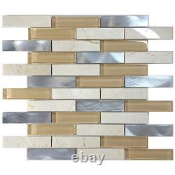 Cream Beige Crema Marfil Marble Blend Metallic Glass Mosaic Tile Wall Backsplash