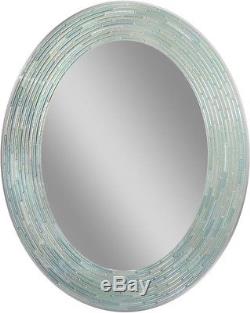 Deco Bathroom Wall Hanging Mirror 29 x 23 Reeded Sea Glass Mosaic Tile Oval New