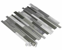 Elida Oasis Silver Mix Linear Mosaic Glass & Metal 12x12 Wall Tile 20 Pieces