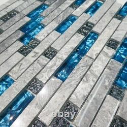 Emerald Blue Glass & Marble Mosaic Tiles Sheet For Walls Floors Bathroom Kitchen