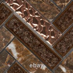 Emperador Brown Marble Stone Glass Mosaic Tile Herringbone Kitchen Backsplash