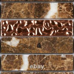 Emperador Dark Brown Marble Stone Glass Mosaic Tile Stacked Kitchen Backsplash