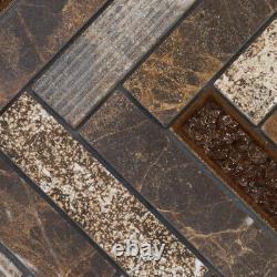 Emperador Dark Brown Stone Glass Mosaic Tile Crackel Herringbone Wall Backsplash