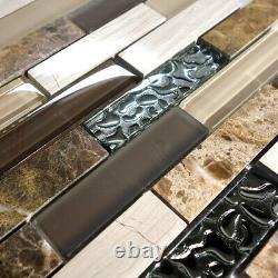 Emperador White Oak Marble Blend Metallic Silver Glass Mosaic Tile Backsplash