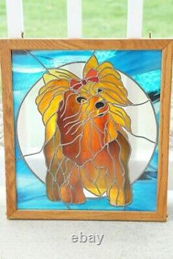Framed Stained Glass Mosaic Tile Yorkshire Terrier Dog Handmade Wall Art 15x17