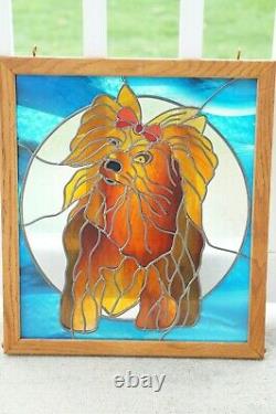 Framed Stained Glass Mosaic Tile Yorkshire Terrier Dog Handmade Wall Art 15x17
