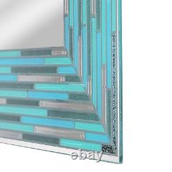 Frameless Reeded Aqua Sea Glass Tiled Printed Wall Mirror 24 x 30