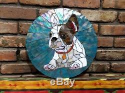 French Bulldog 14.5 Round Stained Glass Mosaic Tile Handmade Wall Art Frenchie
