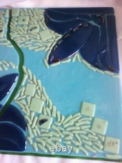 Fused Glass Tray Wall Tile Table Ornament Handmade Signed. Blue Green