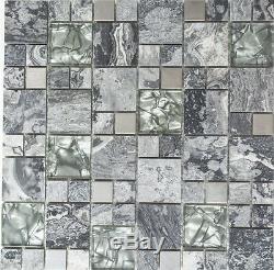 GRAY/SILVER MIX Translucent Mosaic tile GLASS/STEEL/NATURAL WALL-88-020410sheet
