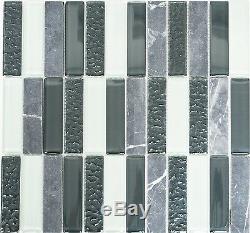 GRAY/WHITE MIX Mosaic tile GLASS/STONE Stick WALL Bath&Kitchen 87-020410sheet